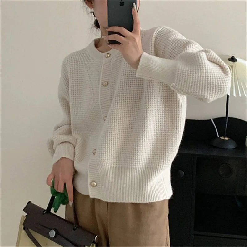 Thick Bead Button Sweater Coat Women's New Autumn and Winter Design Sense of Niche Waffle Knit Cardigan Top