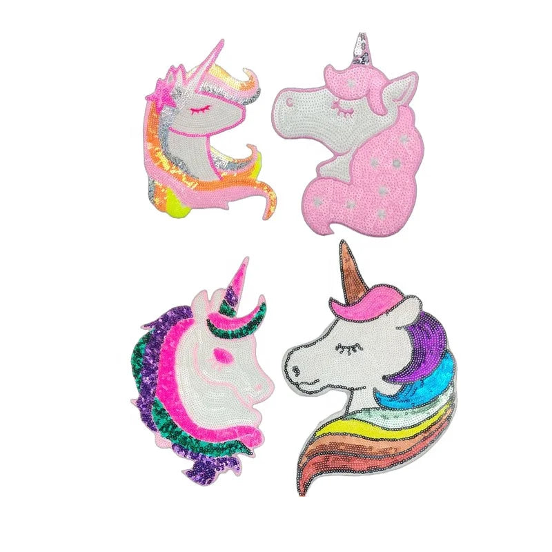 Wholesale Hot Press Iron on Large Size Cartoon Animal Applique Badge Embroidery Sequin Patch Glitter Unicorn Applique Patches