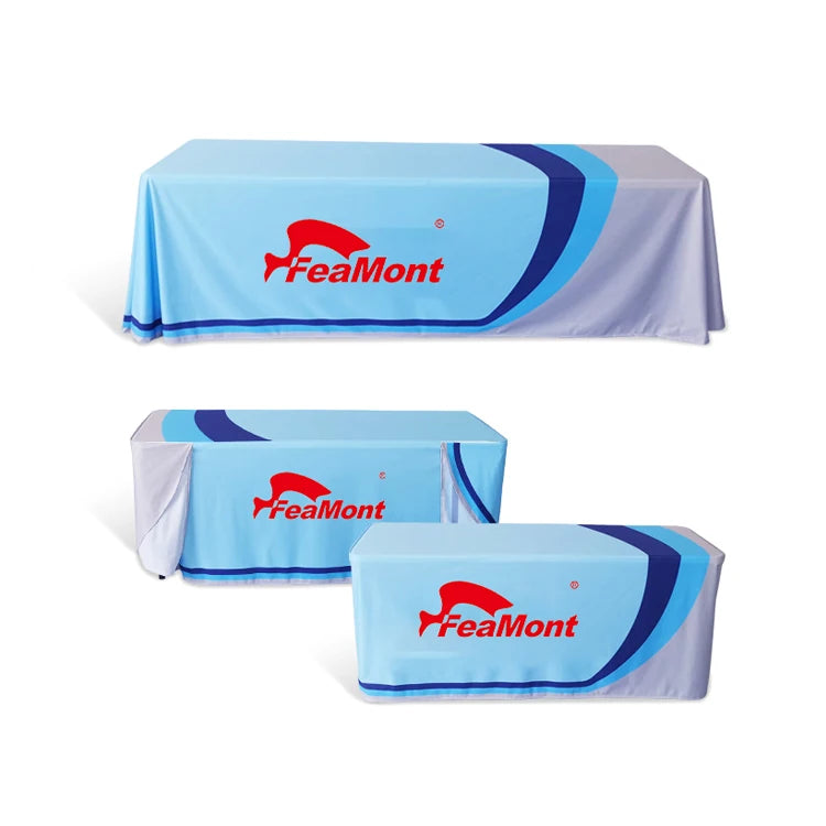 FEAMONT Custom Logo Spandex Table Skirt 4ft 6ft 8ft for Wedding Party Decoration Promotion Event Washable for Advertising