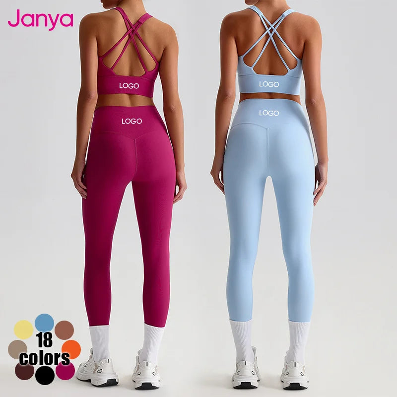 Janya Ready to Ship Custom Logo Sexy Back Straps Bra Match V Cut Leggings Set Suit Sports Fitness Gym Wear Women Yoga Sets