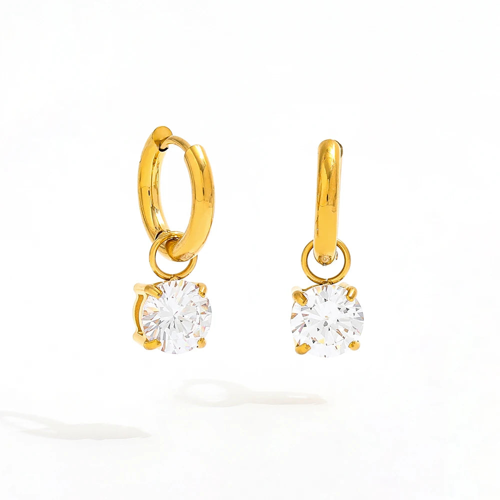 High End 18K Gold Plated PVD Single Round Zirconia Pendant Huggie Earrings Trendy Stainless Steel Fashion Jewelry-Wholesale
