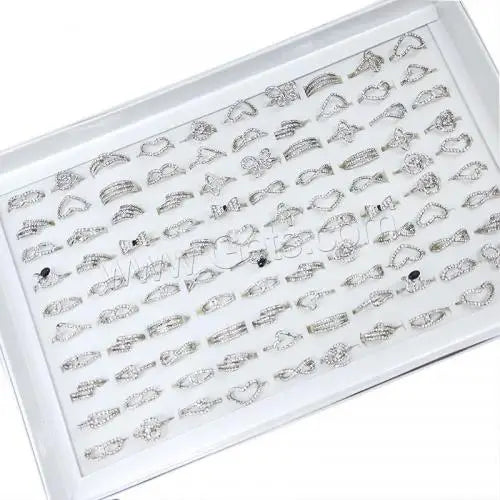 Rhinestone Simple Ring Zinc Alloy Wedding Ring Silver 4x18mm-11x24mm 100PCs/Box