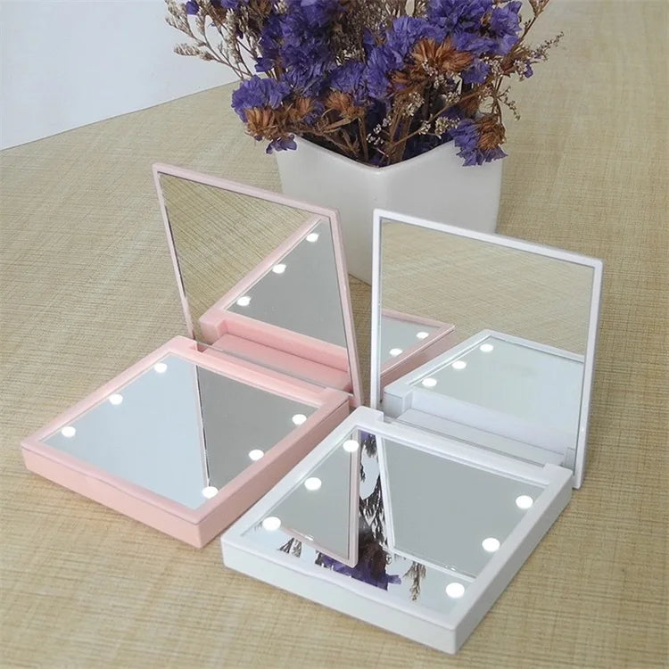 Makeup Mirrors 6 LED Lamps Women Foldable Lights Lady Cosmetic Hand Folding Portable Compact Pocket Mirror Makeup Tools