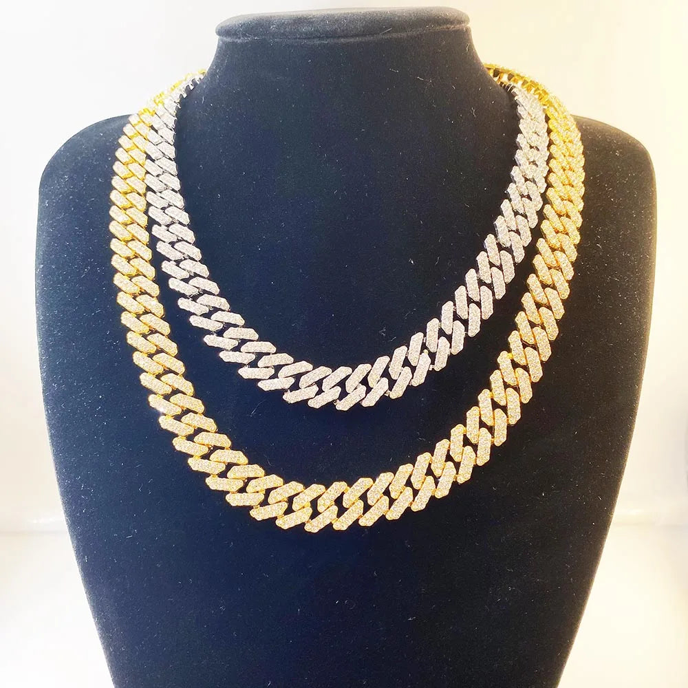 RQ Hip Hop AAA+ 12MM Prong Cuban Chain 2 Row Iced Out Bling Rhinestone Zircon Paved Necklaces Bracelets for Men Women Jewelry