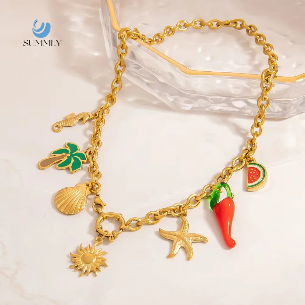 SUMMLY Trend Summer Ocean Accessories Pendant 18K Gold Plated Stainless Steel Necklace Charm for Women Fashion Jewelry
