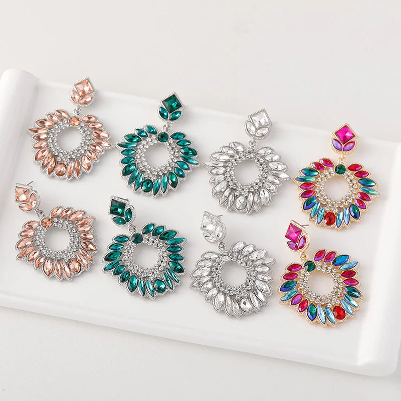 Ladies Colorful Glass Statement Earrings Irregular Rhinestone Geometric Dangling Earrings