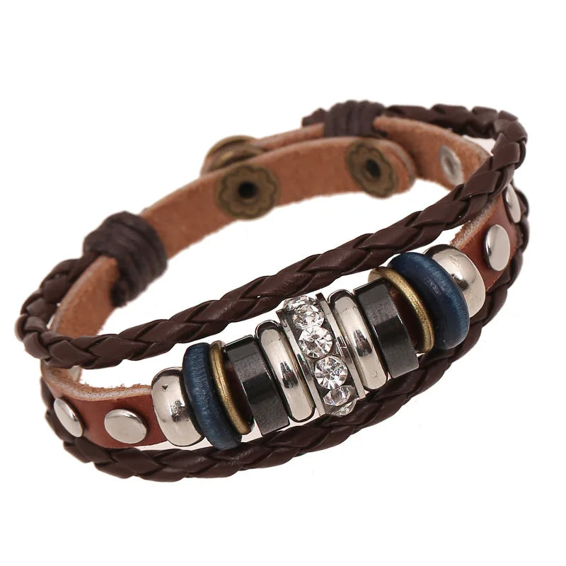 Vintage Beaded Leather Bracelet with Simple Geometric Braided Design Size Adjustable Alloy for Men Women for Weddings Gifts