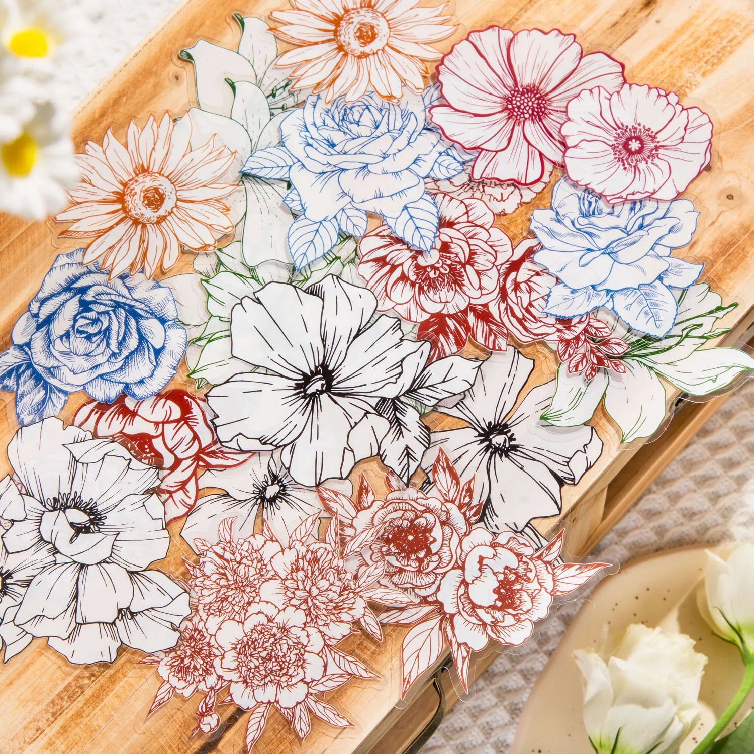 40-Pack Flower Blossom Deadline Series Plant Line Drawing Handbook Materials Decorative Stickers Pack