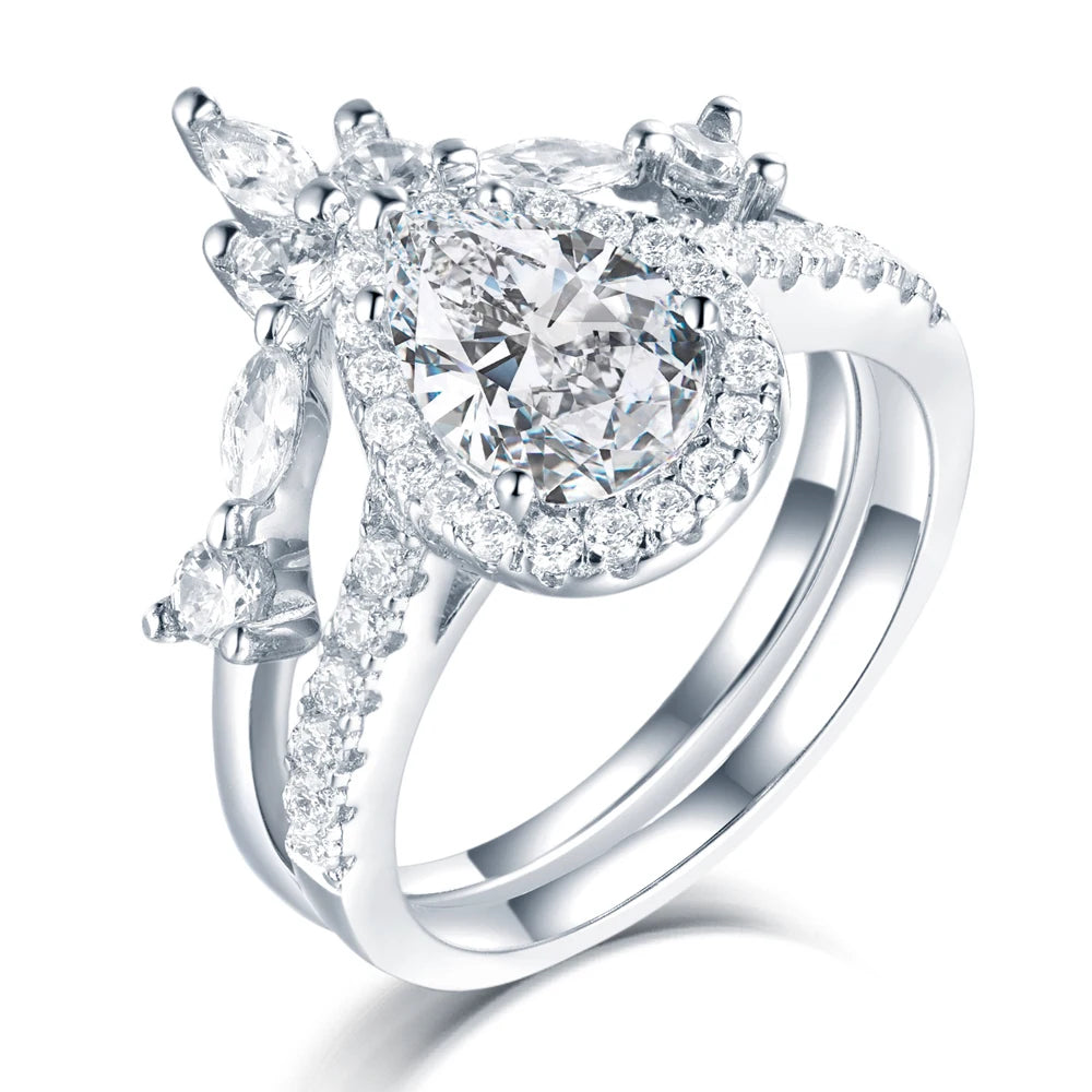 Stackable 2 Piece Ring Set Temperament Zircon 925 Sterling Silver Pear Shape Diamond Engagement Ring for Women