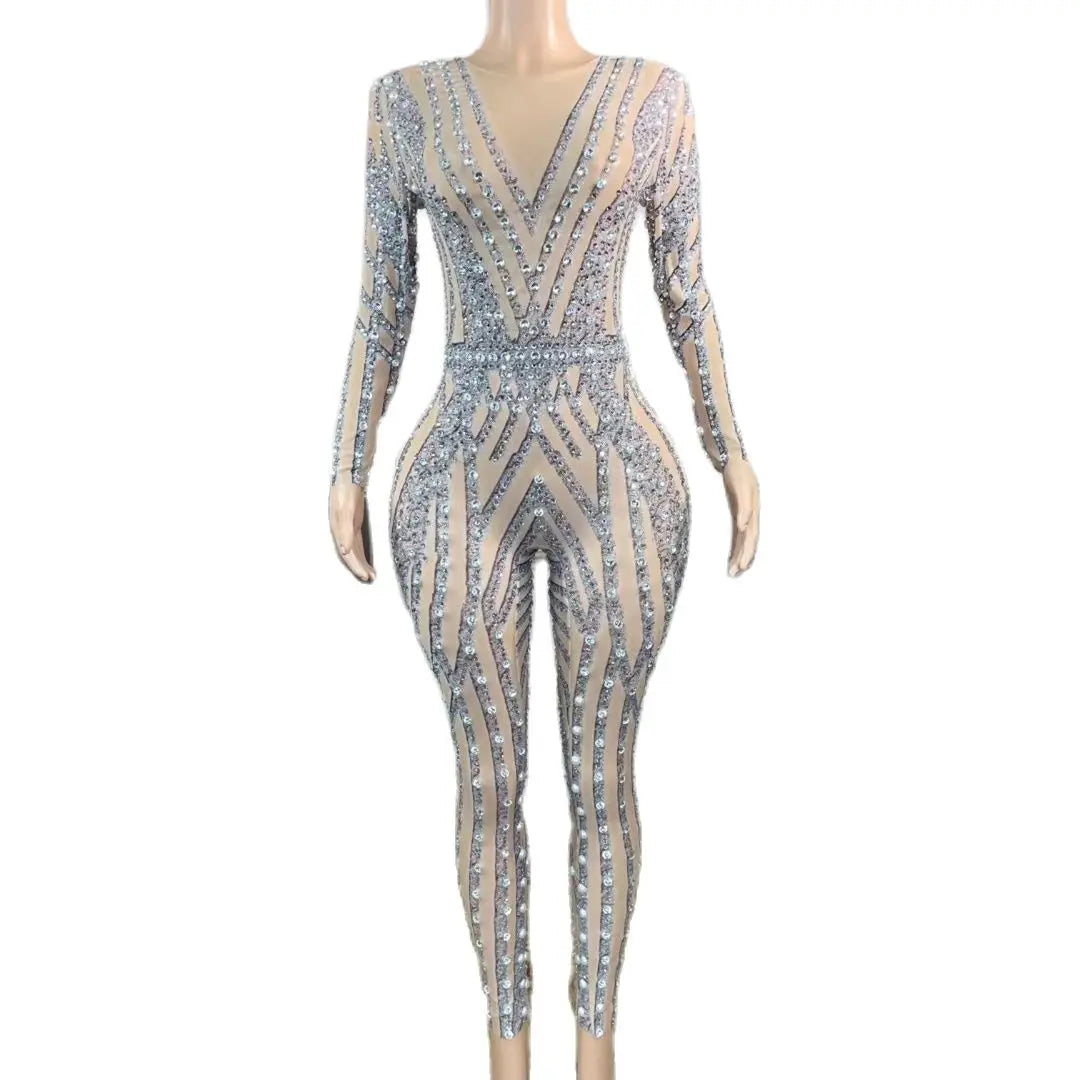Mono Mujer Sexy Long Sleeve Mesh See Through Rhinestone Plus Size Bodysuit Women Party Club Costume Bodycon One Piece Jumpsuit