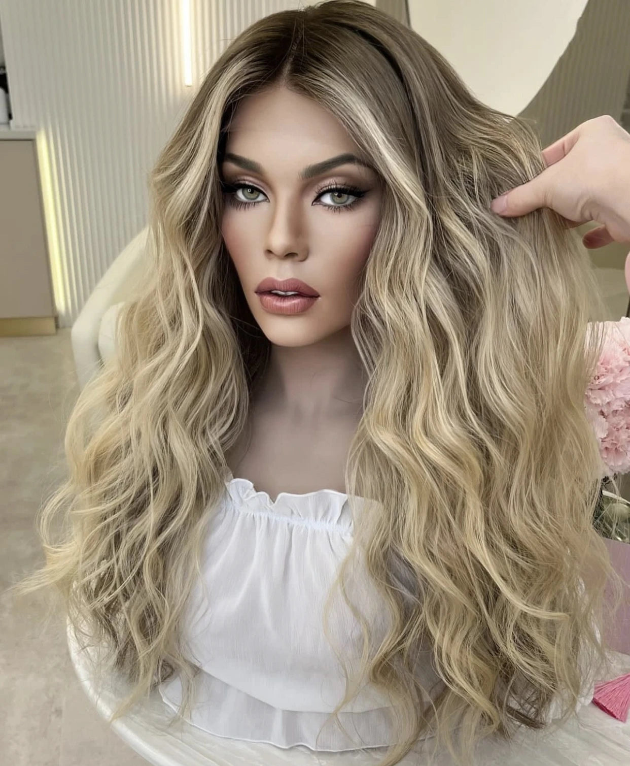 Boutique Best Quality Ash Blonde Cool Tone Loose Wave Glueless Raw Russian Cuticle Human Hair Lace Front Wigs With Brown Root