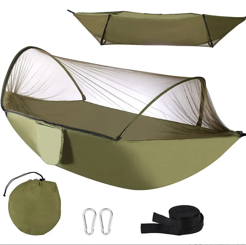 WOQI Adult Outdoor Camping Hammock Durable Nylon with Adjustable Mosquito Net Portable Parachute Material for Garden Swing