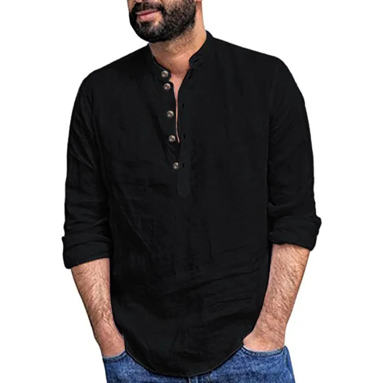 Mens Long-Sleeved Shirts Summer Solid Color Stand Collar Casual Beach Style Shirt New Baggy Tops