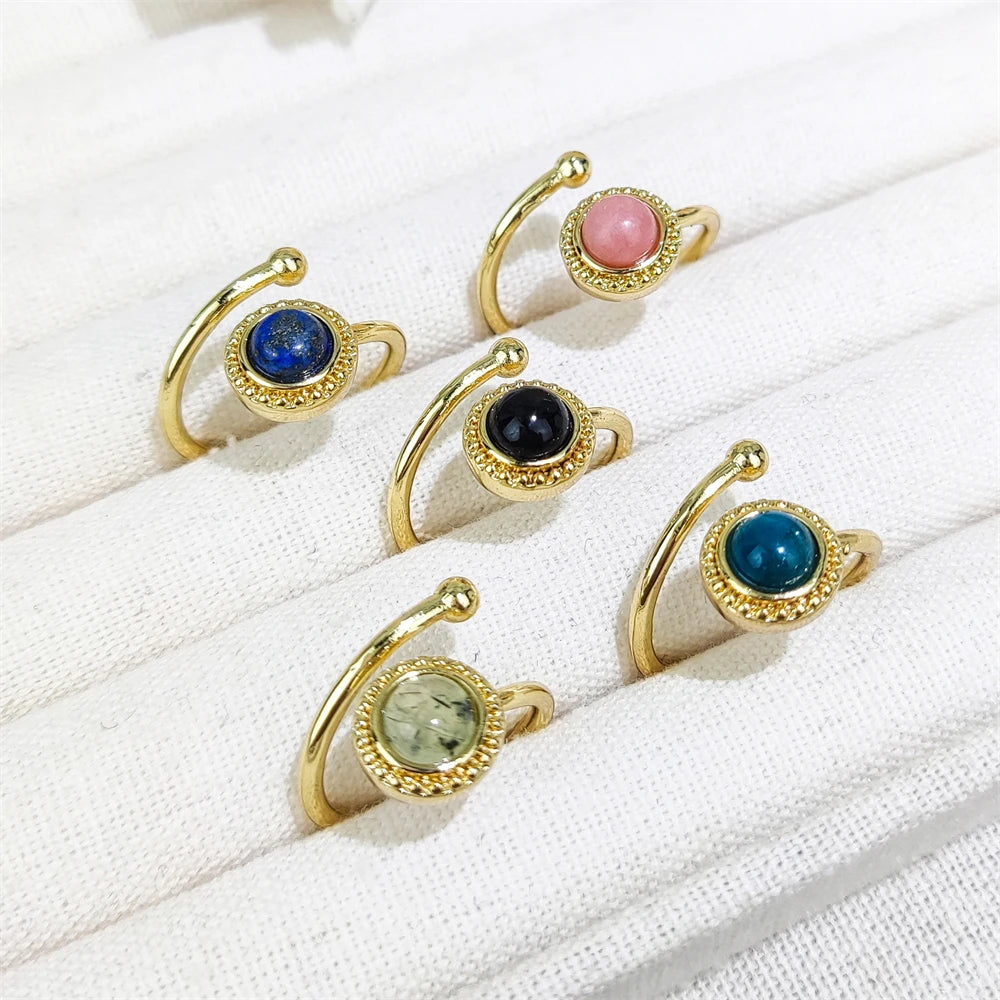 Hot Sale Natural Multi Stone Open Ring Female Fashion Jewelry Gemstone Round Amethyst Amazonite Blue Lace Agate Finger Rings