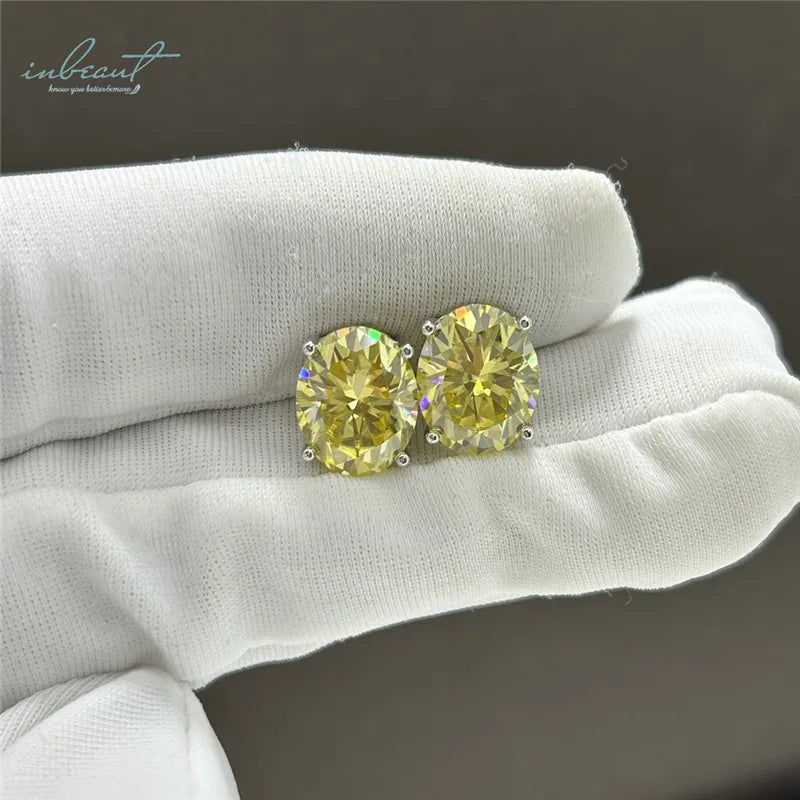 Silver 925 Original Brilliant Cut Total 6 Carat Pass Diamond Test Yellow Oval Moissanite Wedding Stud Earrings Fine Jewelry