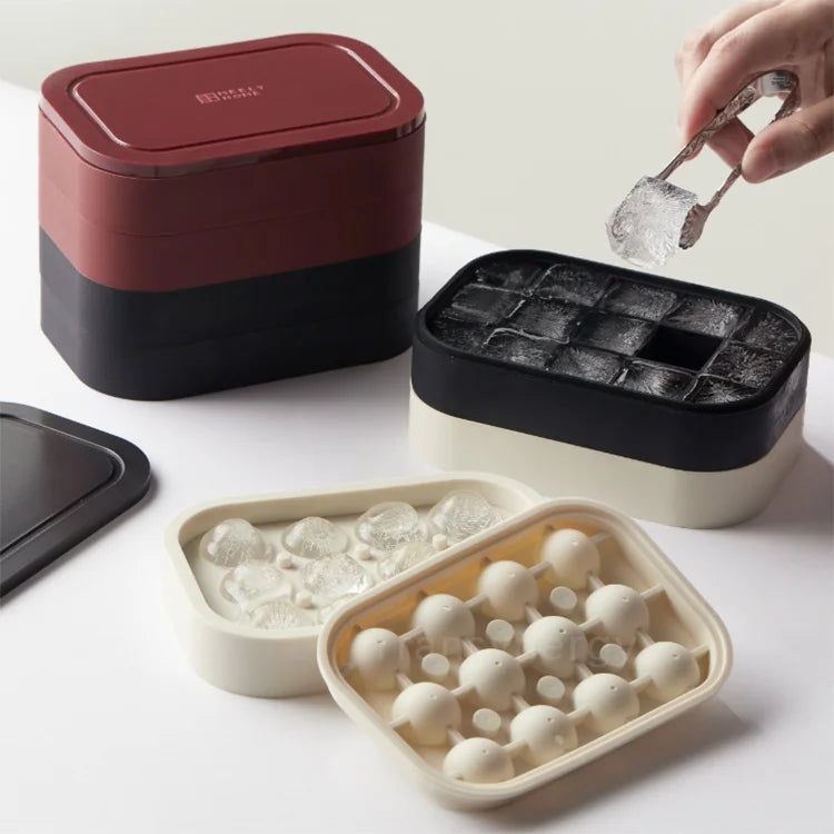 Eco-friendly Easy to Release Ball Square Ice Maker Mould Silicone Ice Cube Tray with Lid Bin Ice Block Container
