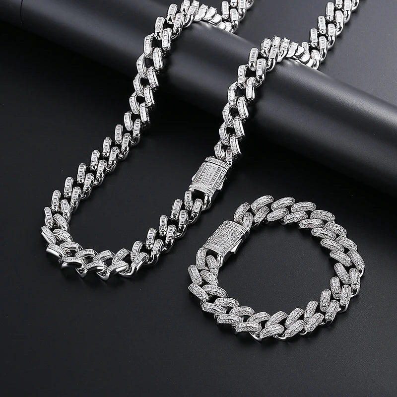 Men's Miami Cuban Chain Link Ice Out Diamond Necklace and Bracelet Hip Hop Jewelry