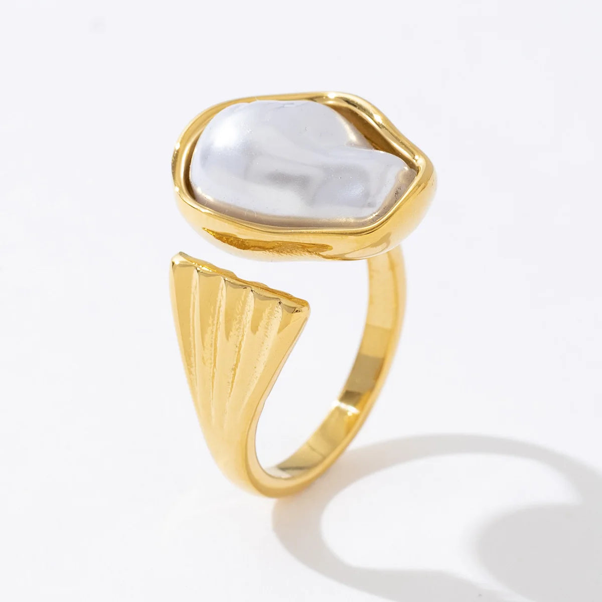 French Elegant Stainless Steel 18K Gold Plated Irregular Baroque Pearl Opening Ring