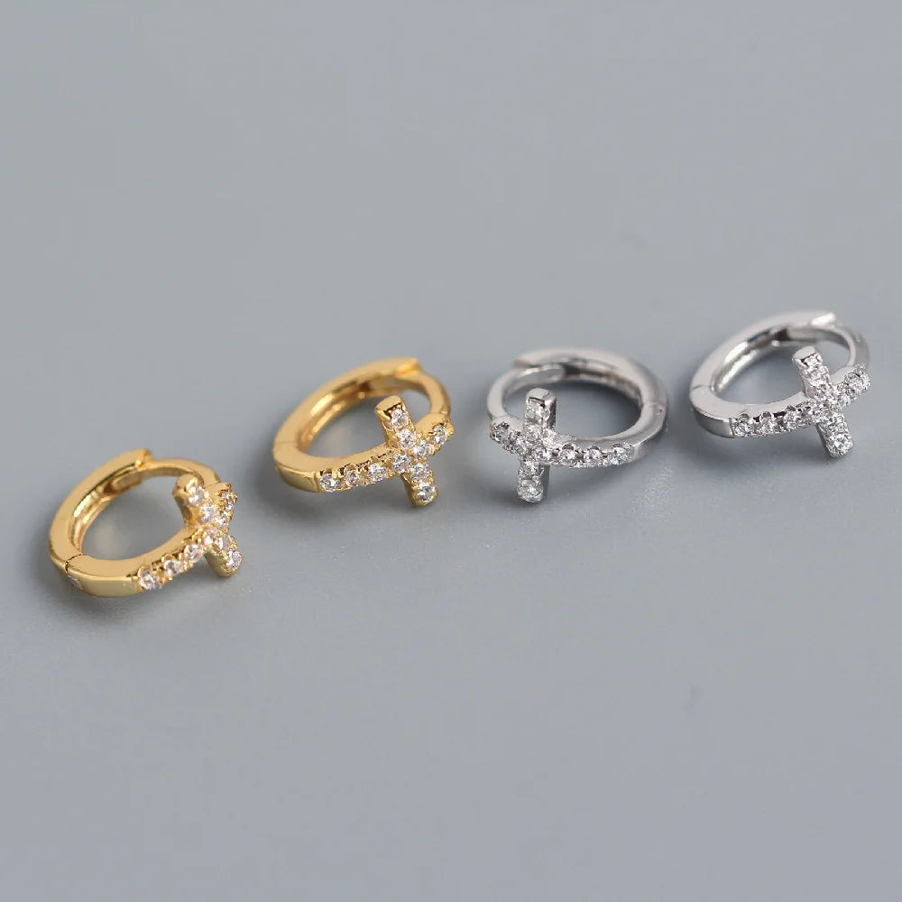 High Quality  S925 Sterling Silver Cubic Zircon Cross Small Hoop Earrings for Women YHE0177