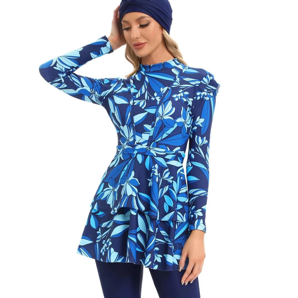 DL- M053 Muslim Women's Push up Floral 3-Piece Swimdress with Pants Spandex/Nylon Beach Swimwear