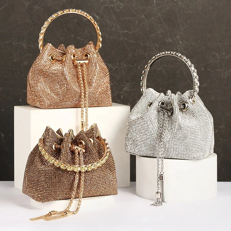 Luxury Design Women Chain Sling Bucket Diamond Bag With Tassel Rhinestone Clutch Purse for Ladies Evening Rhinestone Bag