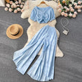 Summer Irregular Elastic Waist Split Loose Wide Leg Pants Short V-neck Pleated Chic Top Women's Suit 2 Pcs Set Wholesale