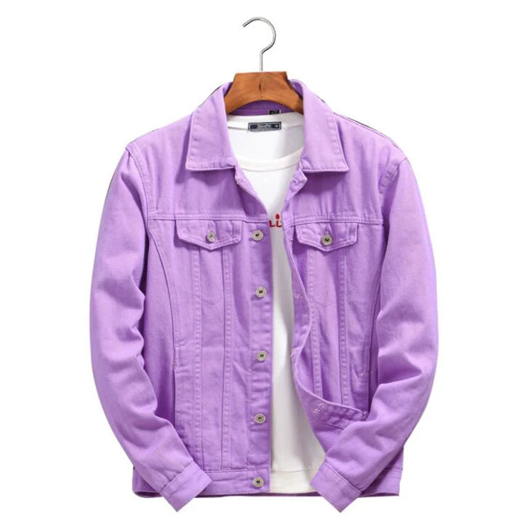Autumn Fashion Men Cowboy Coat Casual Spliced Purple Orange Loose Long Sleeve Jean Jacket Streetwear Men's Denim Jacket