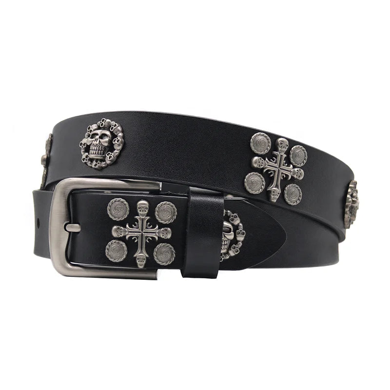 Men's Hip Hop Punk Female Street Buckles Cow Hide Alloy Black Accessories Custom Personalized Chain Belts