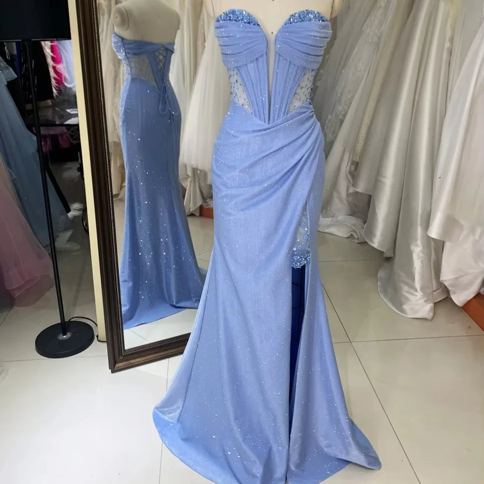2026 Elegant Dusty Blue Corset Evening Gown Dress Rhinestone See-Through Embroidery Decorated Formal with Natural Waistline