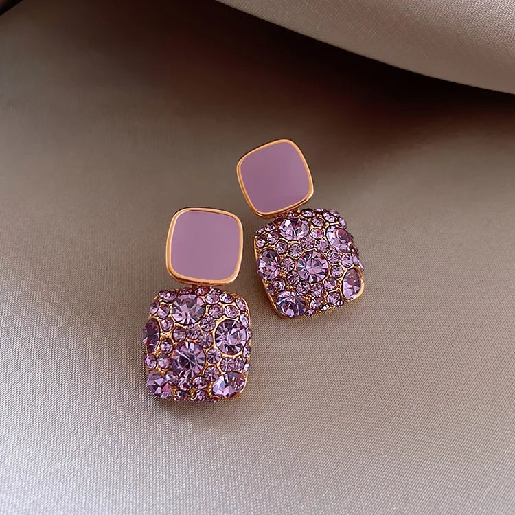 HOVANCI Classic 8 Purple Crystal Square Dangle Earrings Geometric Rhinestone Earring for Party