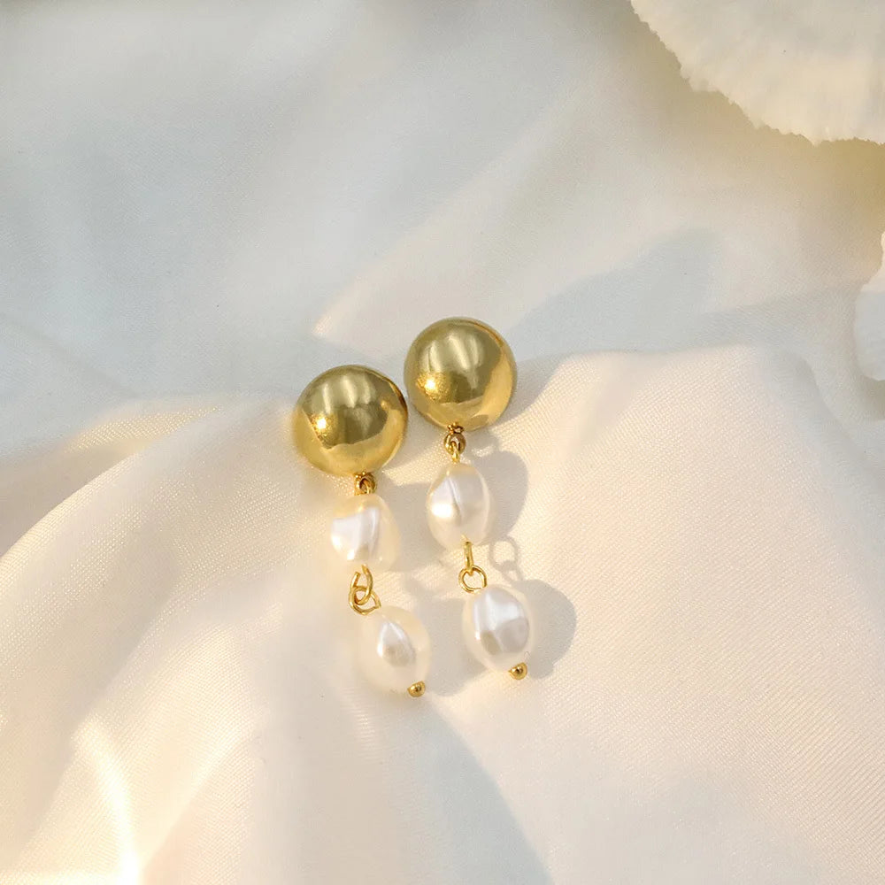 Vintage French Stainless Steel Tassels Pearl Drop Earrings Rust Proof 18K PVD Plated Distinctive Fashion Jewelry