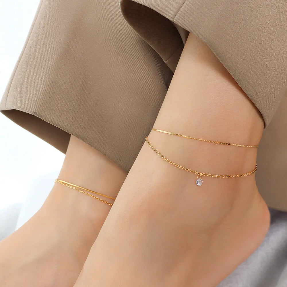 Single Zircon Anklet for Women 18K Gold Plated Stainless Steel Link Chain Double Layered Simple Fashion Jewelry-for Gift