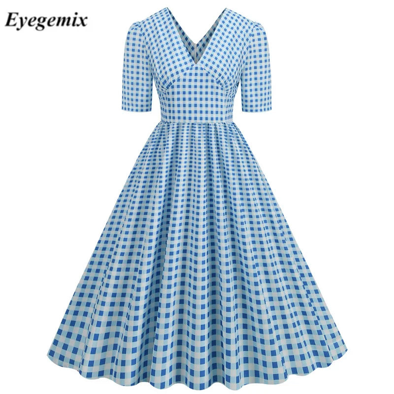 Elegant Plaid Print Wrap Women Retro Summer Dresses V-Neck Vintage Swing 50s 60S Party Prom Dress Short Sleeve Vestido