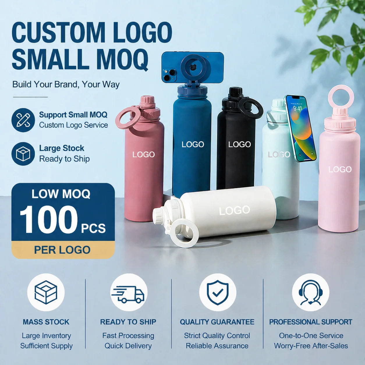 Custom Logo and Package Business Gift 32OZ Stainless Steel Insulated Water Bottle Cap with Magnetic Lid Phone Holder Large Size
