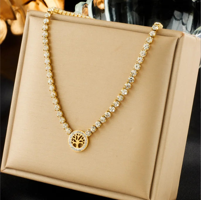 Stainless Steel Circular Tree of Life Pendant Necklace for Women Girl Fashion Luxury Zircon Crystal Chain Choker Jewelry Gift