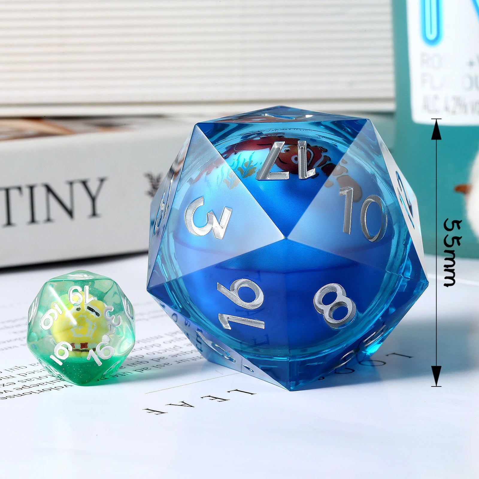 Giant LED Polyhedral 20-Sided Die 55mm Sharp Edge Resin D20 Dice with Blue Fish for TTRPG Role Playing Game