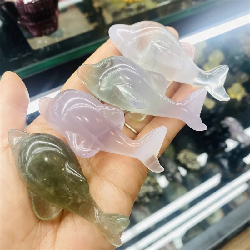 Wholesale Hand Carved Crystal Animal Dolphins Natural Fluorite Dolphin Carving for Decoration