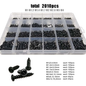 2010pcs/box M1 M1.2 M1.4 M1.7 M2 M3 M4 Black Mix Sizes Set Kit Mini Micro Cross Pan Phillips Round Head Wood Self Tapping Screw