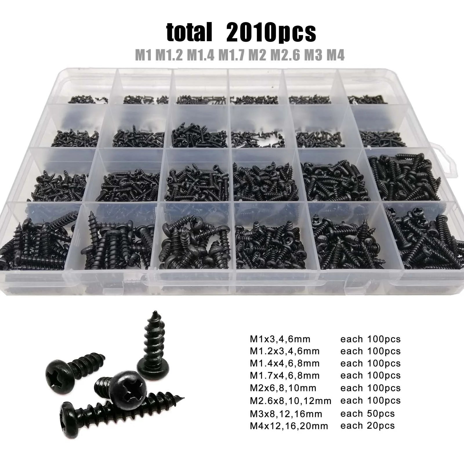 2010pcs/box M1 M1.2 M1.4 M1.7 M2 M3 M4 Black Mix Sizes Set Kit Mini Micro Cross Pan Phillips Round Head Wood Self Tapping Screw