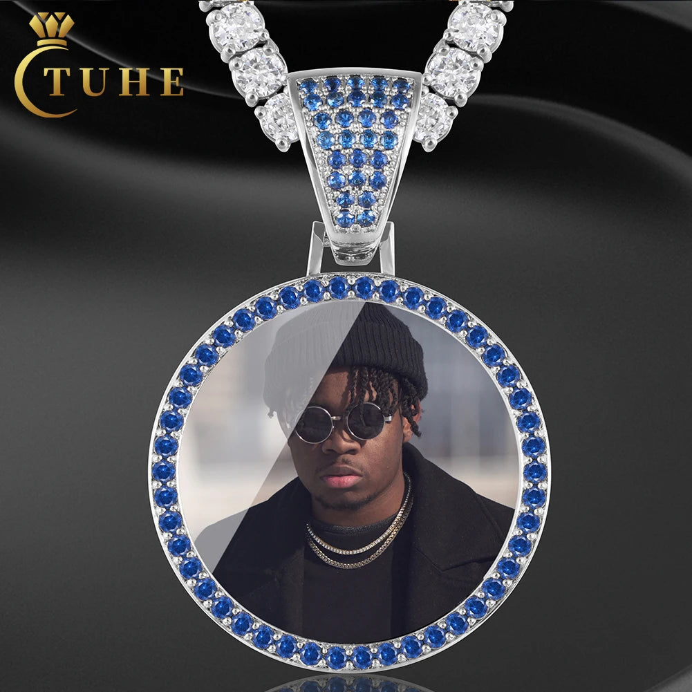 Fast Shipping Fashion 35mm White Gold Plated Brass AAAAA Blue CZ Diamond Iced Out Custom Photo Necklace Picture Necklace
