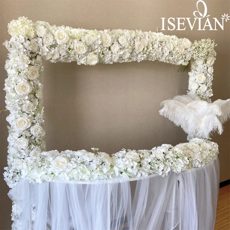 ISEVIAN Artificial Hydrangea and Rose White Flower Row Table Runner Arch Decoration for Wedding Event