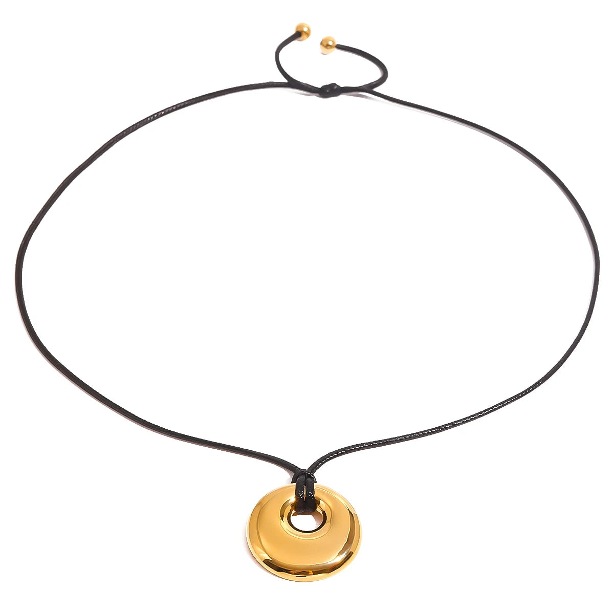 J&D 18k Gold Stainless Steel Chic Round Hollow Smooth Pendant Contemporary Necklace Black Wax Rope 75cm