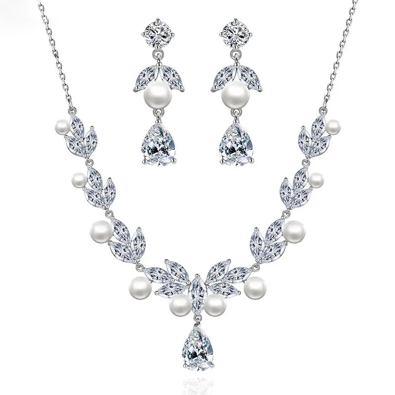 SLBRIDAL Luxury Sparkling Cubic Zircon Pearls Bridal Necklace Earrings Set Wedding CZ Jewelry Set Women Party Prom Jewelry