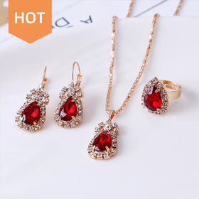 Factory Wholesale Women's Classic Gold Plated Jewelry Set Water Drop Rhinestones Ring Earrings Necklace for Party Braces