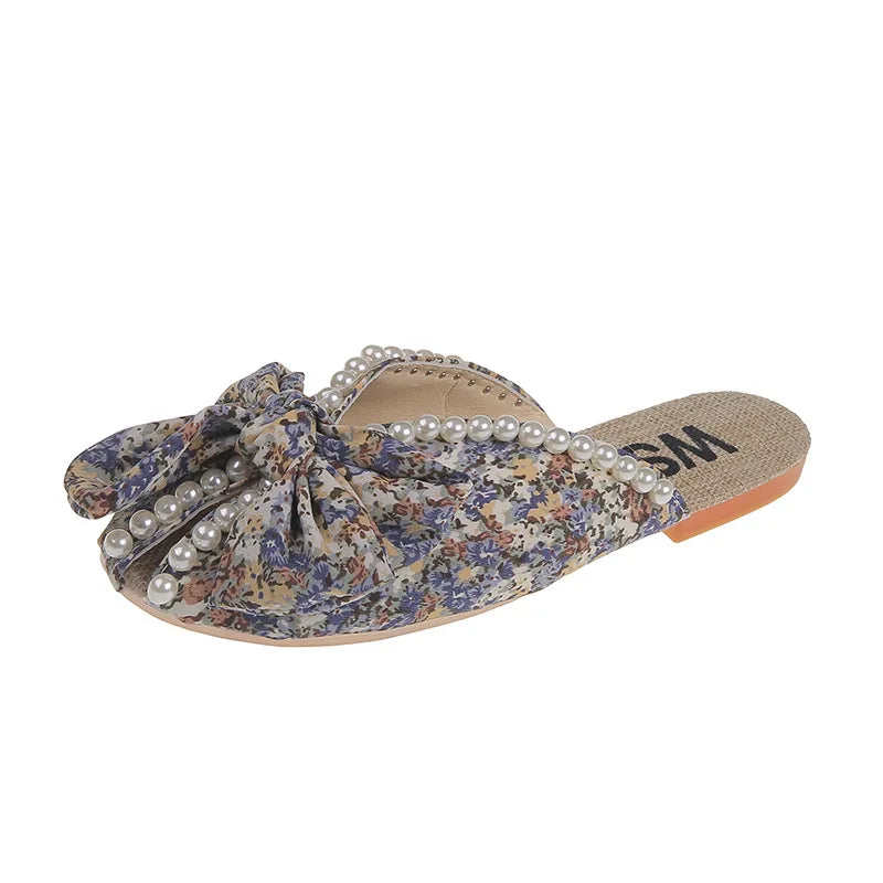 2022 New Female Outside in the Summer Small Broken Flower Slippers Sandals Foot-binding Half Bow Flat a Pedal Lazy Shoes
