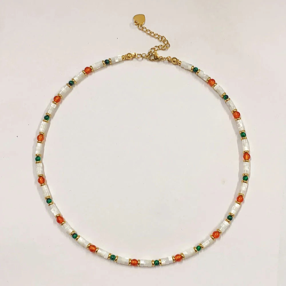 Waterproof Natural Malachite and Red Agate Gemstone Beaded Necklace Gold Stainless Steel Chain Chokers Necklace