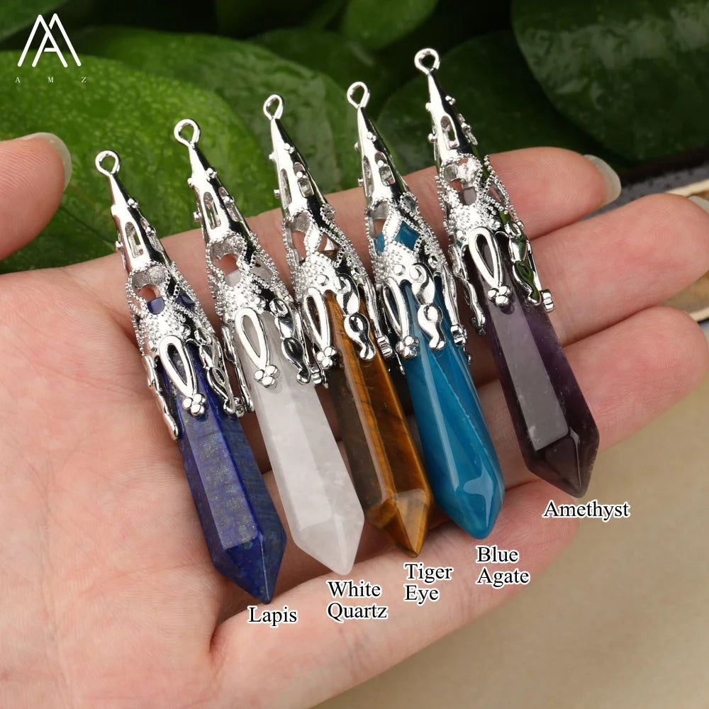 Healing Crystal Hexagon Point Pendulum Pendant Crafts Reiki Chakra Jewelry Supplies Bulk