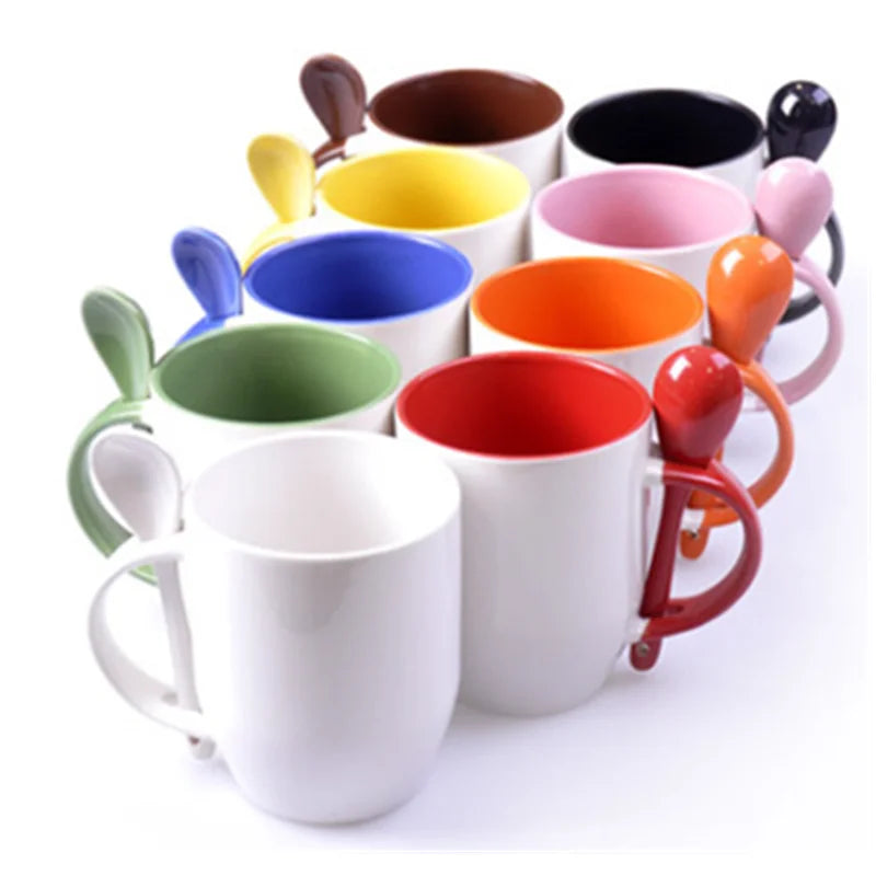 Top Grade Inner Handle Colorful Mug With Spoon Porcelain Mugs Coffee Cup With Sublimation Coating
