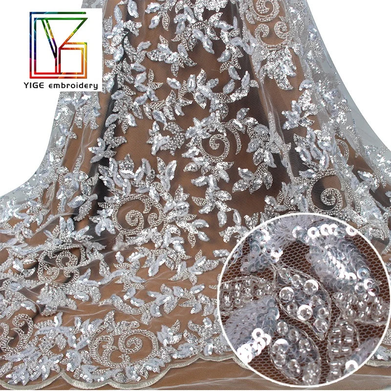 Gorgeous White Shining Bridal Tulle Lace With Silver Beads and Sequins French Tulle Fabric Wedding Dress