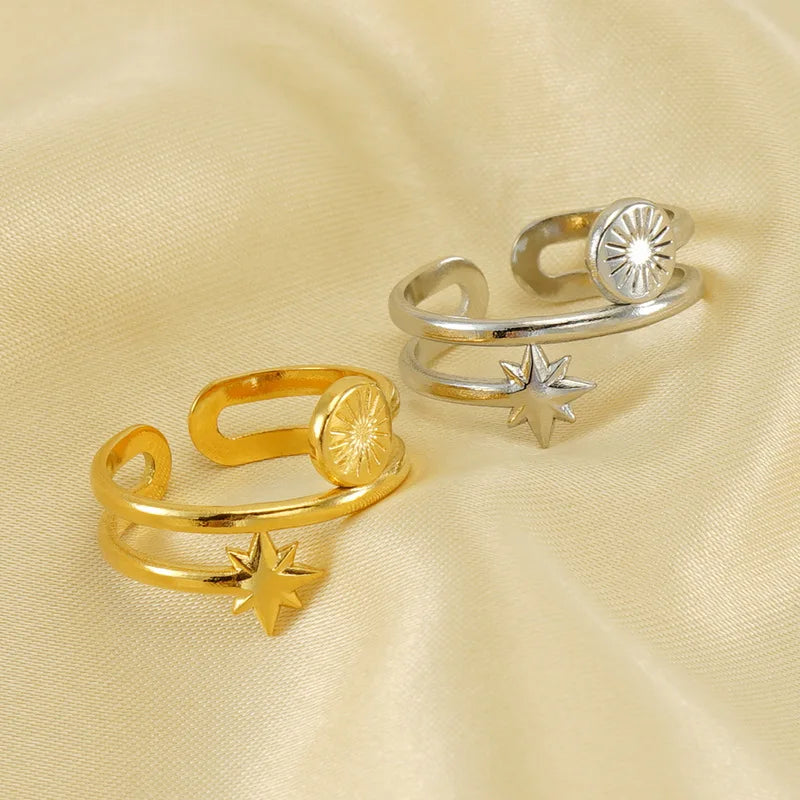 18K Gold Plated Stainless Steel Double Layer Sun and Star Open Adjustable Ring for Women Trendy Statement Ring